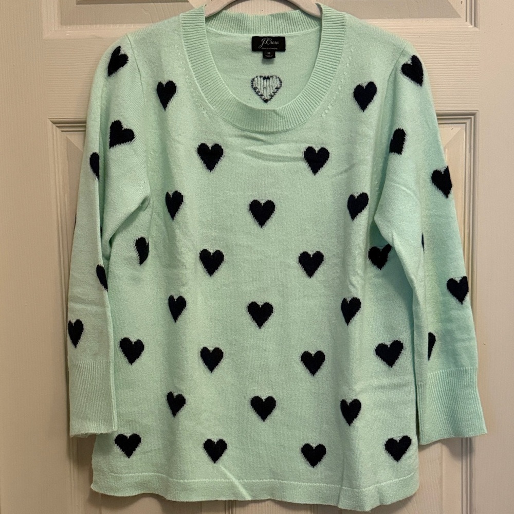 J. Crew Light Green Sweater with Navy Heart